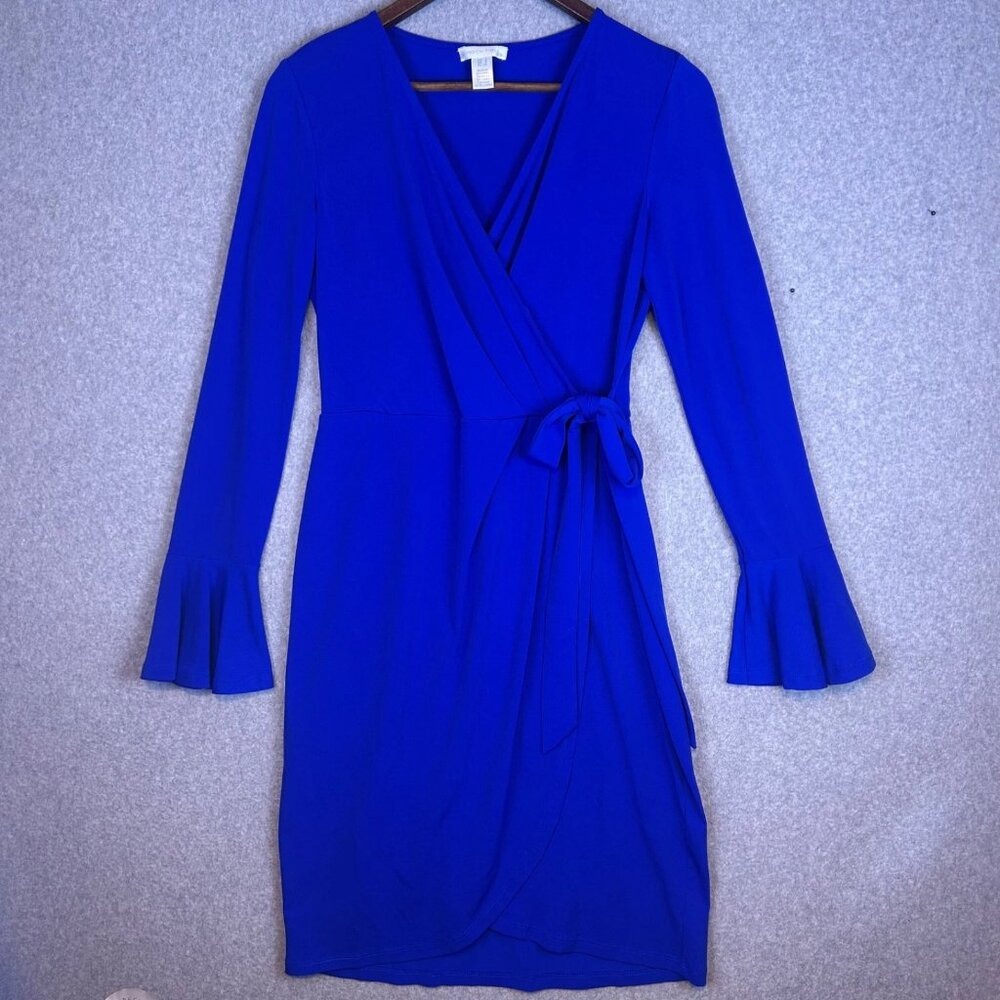 London Times Dress Women's 4 Blue Faux Wrap Tie Waist Bell Sleeve Feminine Party